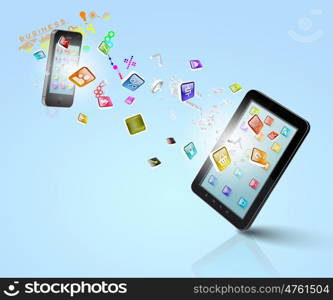 Modern communication technology. Modern communication technology illustration with mobile phone and high tech background