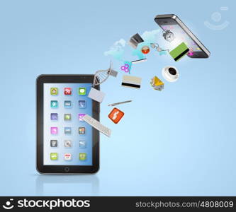 Modern communication technology. Modern communication technology illustration with mobile phone and high tech background