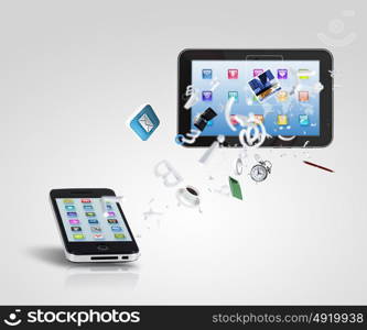 Modern communication technology. Modern communication technology illustration with mobile phone and high tech background