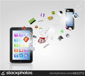 Modern communication technology. Modern communication technology illustration with mobile phone and high tech background