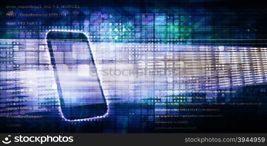 Modern Communication Technology with Smartphone and High Tech background. Robotic Wire Mesh Background