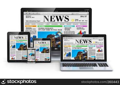 Modern computer media devices concept: desktop monitor, office laptop, tablet PC and black glossy touchscreen smartphone with internet web business news on screen isolated on white background