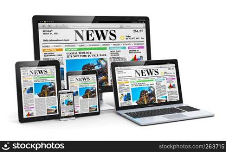 Modern computer media devices concept: desktop monitor, office laptop, tablet PC and black glossy touchscreen smartphone with internet web business news on screen isolated on white background