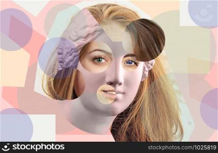 Modern conceptual art colorful poster with ancient statue of Venus de Milo head and details of a living woman&rsquo;s face . Contemporary art collage.. Contemporary art poster with ancient statue of Venus head and details of a living woman&rsquo;s face.