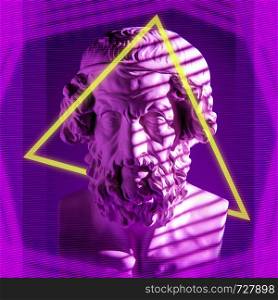 Modern conceptual art colorful poster with details of ancient statues of bust of Homer. Collage of contemporary art.. Contemporary art colorful poster with details of ancient statues bust Homer.