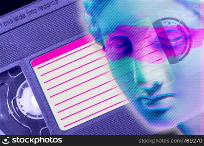 Modern conceptual art poster with face ancient statue and vhs cassetes background. Collage of contemporary art.. Modern conceptual art poster with face ancient statue and vhs cassetes. Collage of contemporary art.