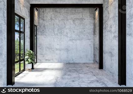 Modern Concrete Material Empty Hall Open Space Interior with Large Window, 3D Rendering