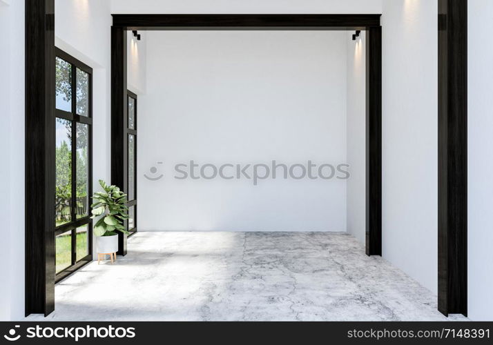 Modern Concrete Material Empty Hall Open Space Interior with Large Window, 3D Rendering