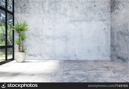 Modern Concrete Material Empty Hall Open Space Interior with Large Window, 3D Rendering