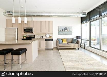Modern condo kitchen and living room