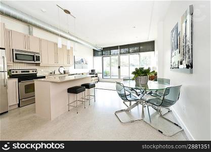 Modern condo kitchen dining and living room