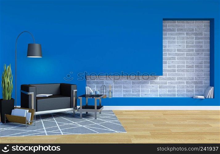Modern Contemporary Living Room Interior with Blue Wall and Copy Space on Wall for Mock Up, 3D Rendering