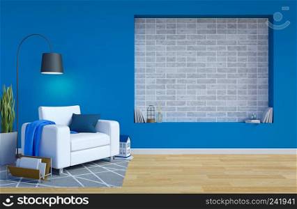 Modern Contemporary Living Room Interior with Blue Wall and Copy Space on Wall for Mock Up, 3D Rendering
