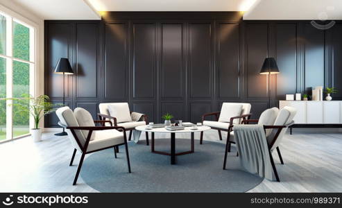 modern contemporary meeting room interior ,white armchair and white cabinet and table on wood floor and classic black wall,3d rendering