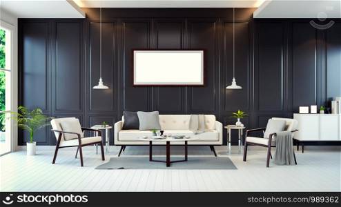 modern contemporary room interior ,white sofa,cabinet ,table on white floor and black wall,3d rendering