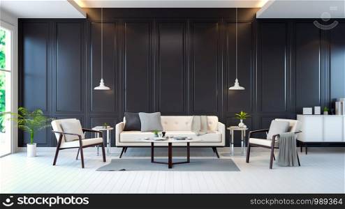 modern contemporary room interior ,white sofa,cabinet ,table on white floor and black wall,3d rendering