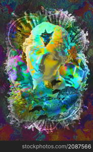 Modern creative image with ancient statue head and sea shells. Collage with sculpture faces and seashells in surreal style. Contemporary art poster. Marine mythology. Wallpaper mockup template design.. Modern creative image with ancient statue head and sea shells. Collage with sculpture faces and seashells in surreal style. Contemporary art poster. Wallpaper mockup template design. Marine mythology.