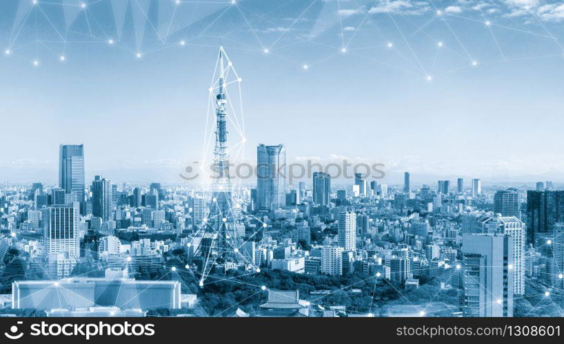 Modern creative telecommunication and internet network connect in smart city. Concept of 5G wireless digital connection and internet of things future.