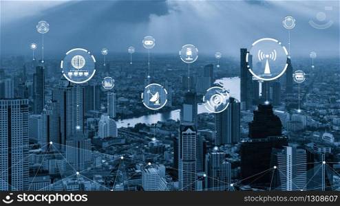 Modern creative telecommunication and internet network connect in smart city. Concept of 5G wireless digital connection and internet of things future.