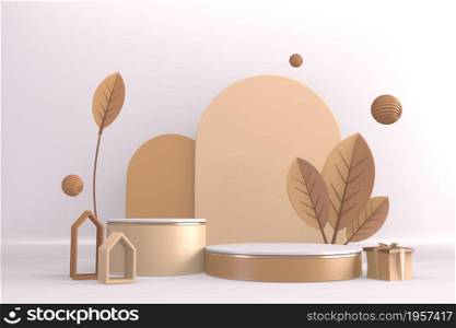Modern Cylinder podiums brown and decoration cartoon style.3D rendering
