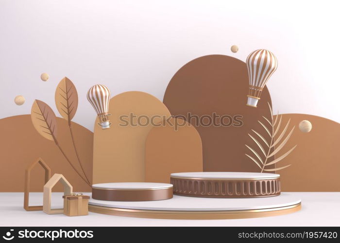 Modern Cylinder podiums brown and decoration cartoon style.3D rendering