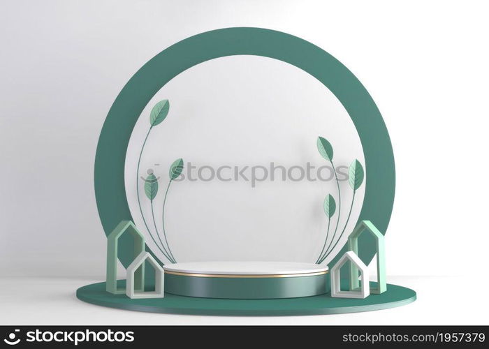 Modern Cylinder podiums green and decoration cartoon style.3D rendering