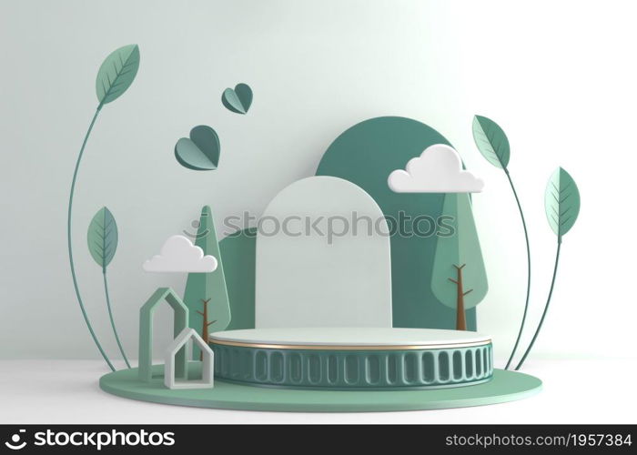 Modern Cylinder podiums green and decoration cartoon style.3D rendering