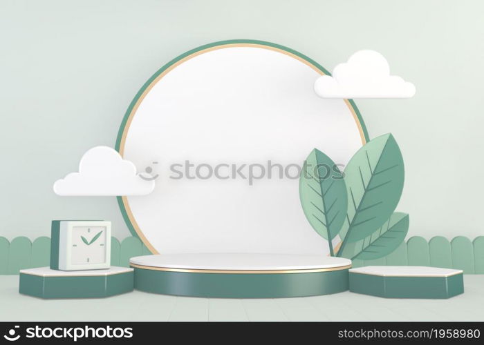 Modern Cylinder podiums green and decoration cartoon style.3D rendering