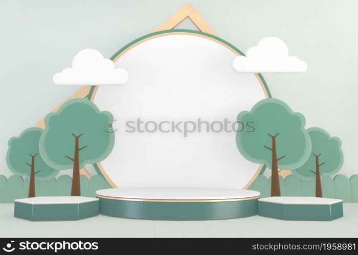 Modern Cylinder podiums green and decoration cartoon style.3D rendering