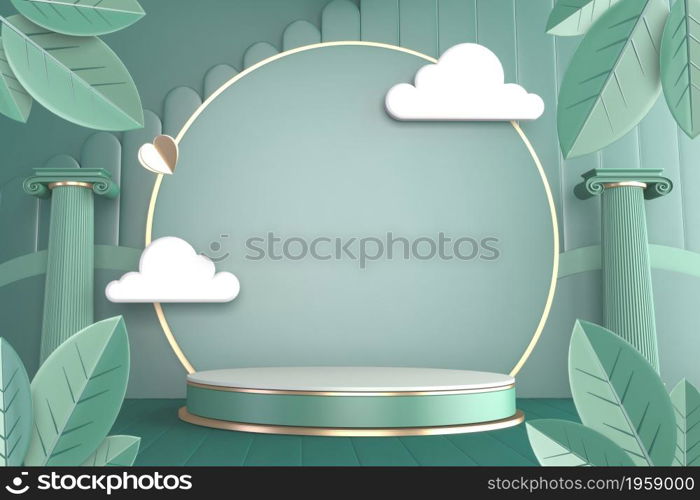 Modern Cylinder podiums green and decoration cartoon style.3D rendering