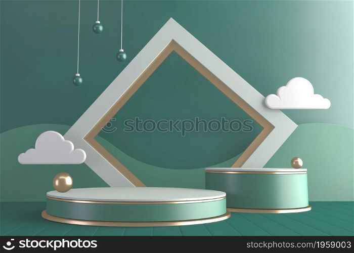 Modern Cylinder podiums green and decoration cartoon style.3D rendering