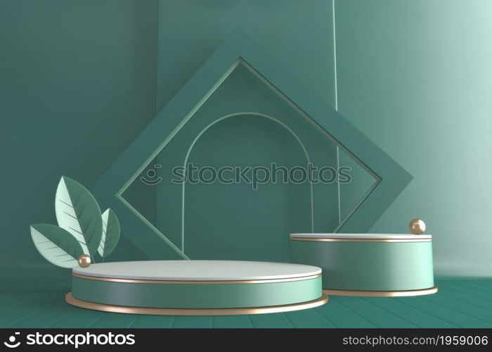 Modern Cylinder podiums green and decoration cartoon style.3D rendering