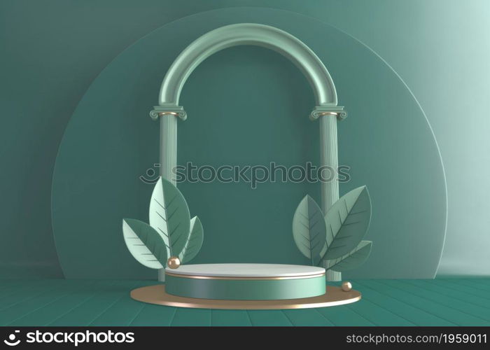 Modern Cylinder podiums green and decoration cartoon style.3D rendering