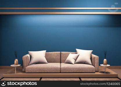 Modern dark blue japanese room interior with wooden low sofa on window paper zen design .3D rednering