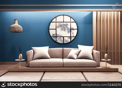 Modern dark blue japanese room interior with wooden low sofa on window paper zen design .3D rednering
