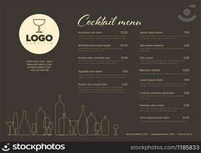 Modern dark brown minimalistic cocktail menu template with two columns horizontal design layout and nice typography. Vector Infographic timeline template