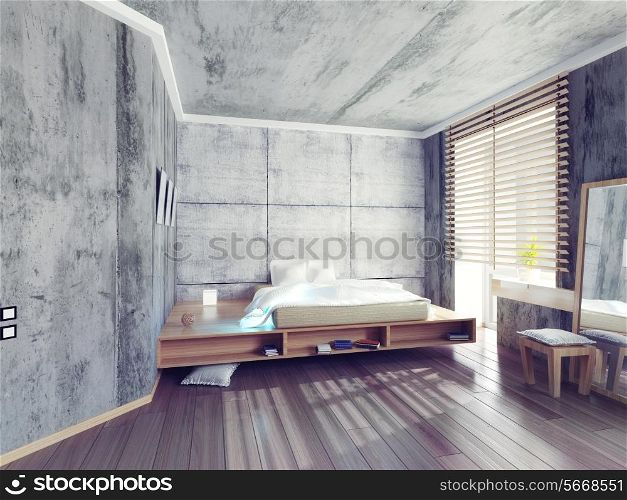 modern design bedroom with concrete walls. 3d concept