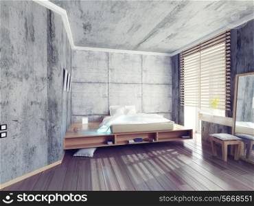 modern design bedroom with concrete walls. 3d concept