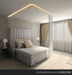 Modern design interior of bedroom. 3D render