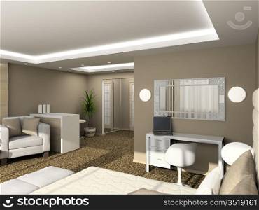 Modern design interior of bedroom. 3D render