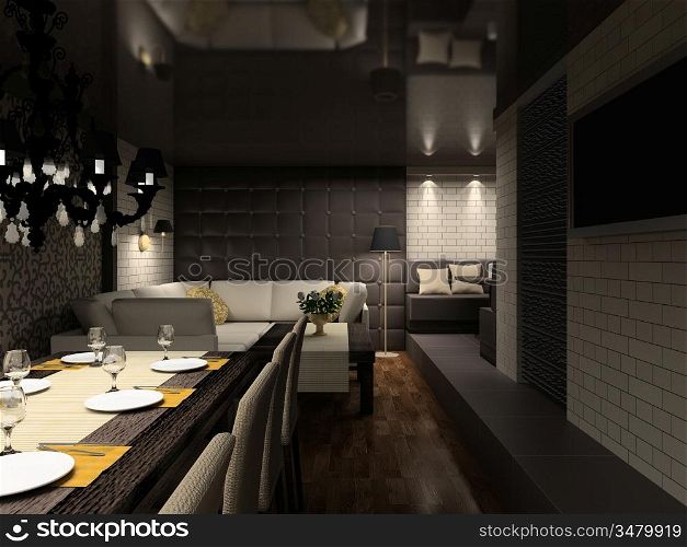 Modern design interior of cafe. 3D render
