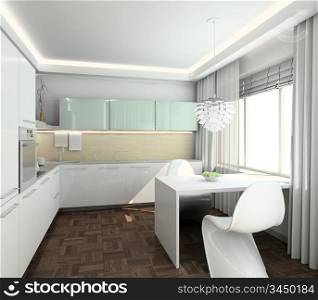 Modern design interior of kitchen. 3D render