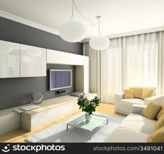 Modern design interior of living-room. 3D render