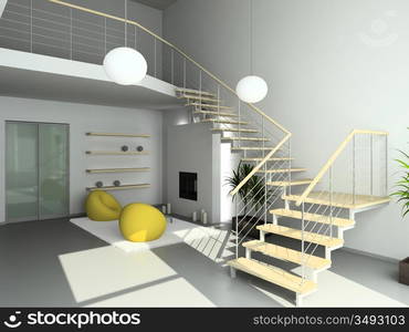 Modern design interior of living-room. 3D render