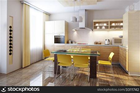 modern design of a kitchen interior 3d render