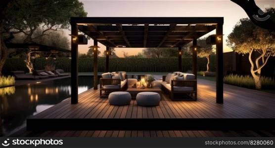 Modern design of home patio deck with garden view