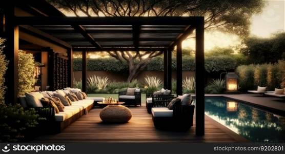 Modern design of home patio deck with garden view