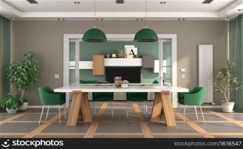Modern dining room with open sliding door and televison set,sofa on background 3d rendering. Green and brown dining room with televison set on background