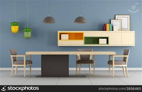 Modern dining room with table,chair and sideboard on wall - 3d Rendering