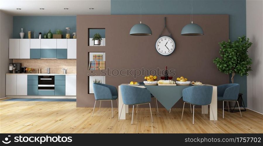 Modern dining room with table set and kitchen on background - 3d rendering. Modern dining room with kitchen on background